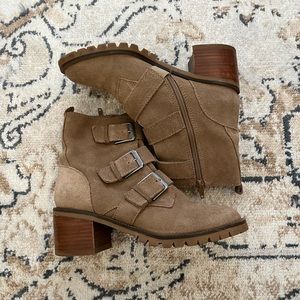Crown Vintage Suede Heeled Motorcycle Bootie 7.5